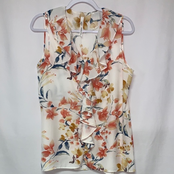 NY Collection Tops - NY Collection Floral Ruffle Blouse - Peach and Gold